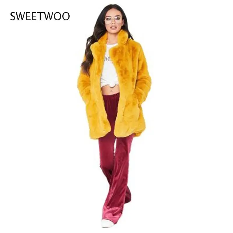 European American New Fashion Elegant Women Long Loose Wool Soft Rabbit Hair Faux Fur Coat White Pink Yellow Black Red Tide 2022