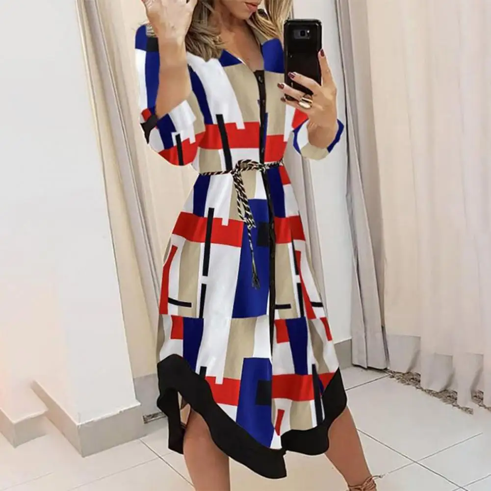 

Geometry Patchwork Print Shirt Dress Lapel Irregular Hem Long Sleeve Lace-up Midi Dress Fashion Turn-Down Collar Work Dress