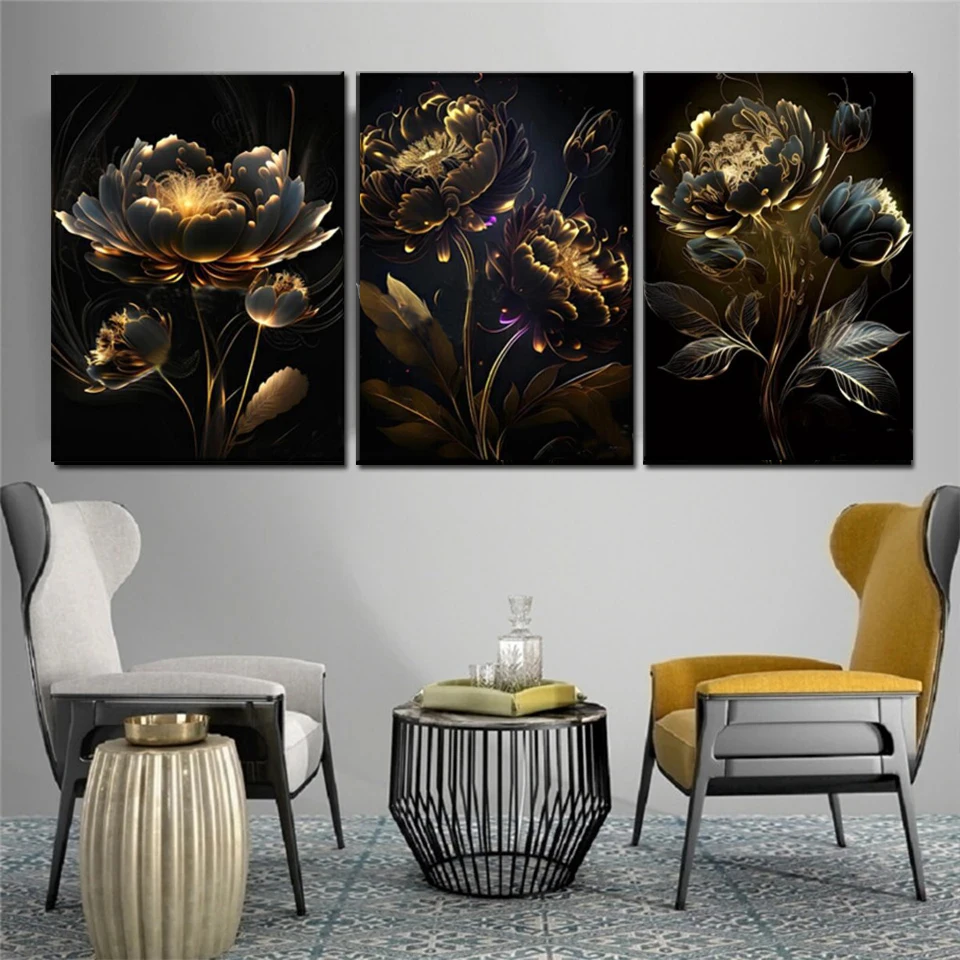 Триптих алмазная живопись искусство роскошный золотой черный пион рукоделие