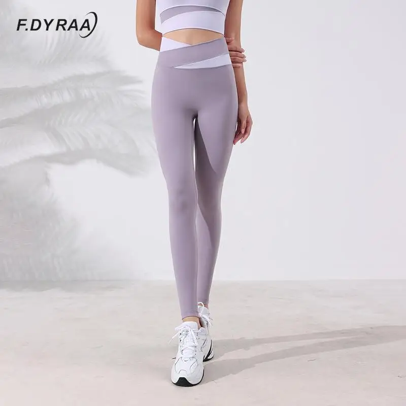 Women Yoga Pants Fashion Patchwork Color Crossover High Waist Hip Lift Sport Leggings Quick-dry Gym Fitness Workout Tights