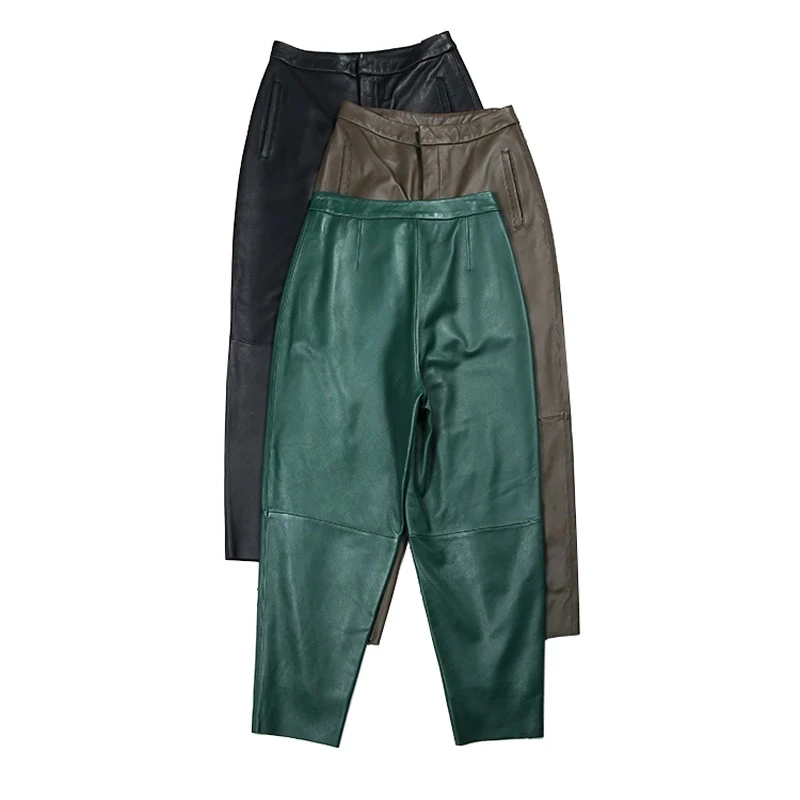 New 2022 Spring New Women Genuine Leather Radish Harem Pants Female 100% Real Sheepskin Green/Grey Nine-Point Trousers Ropa Muje