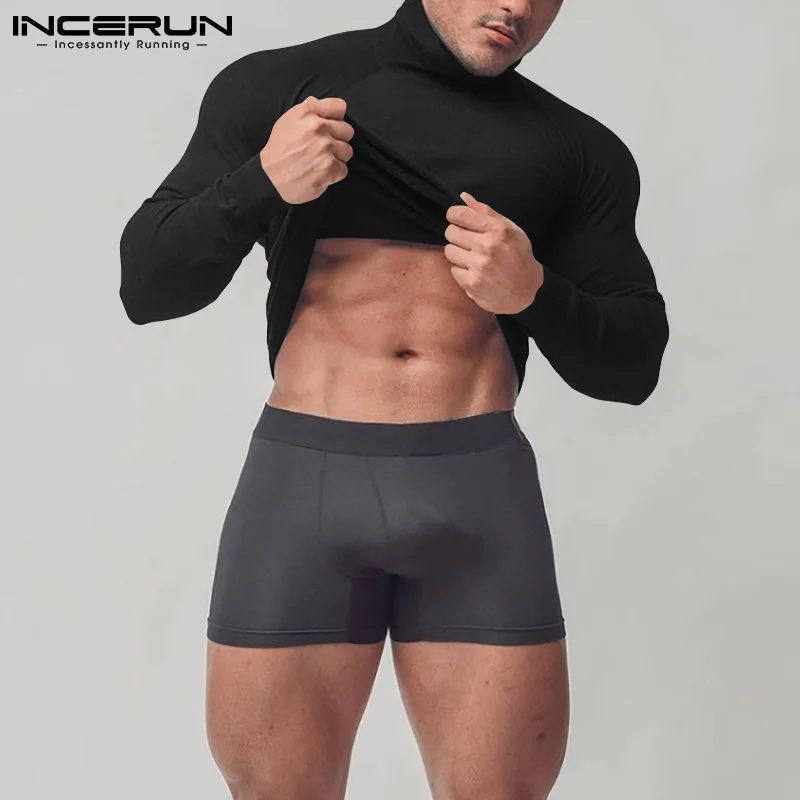 

Топы INCERUN, новинка 2022, Мужские осенне-зимние футболки, однотонные удобные мужские футболки с высоким воротом, термосвитер, пуловер, футболки