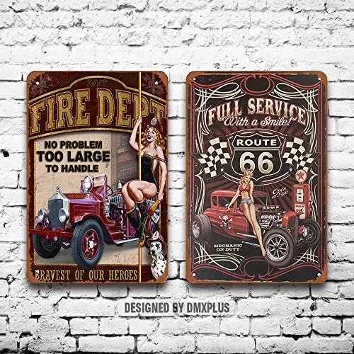 

Metal Sign (Set of 2) Tin Signs 1 Route 66 Full Service with a Smile Sexy Pinup Girl Vintage Look Wall Decoration Home Decor
