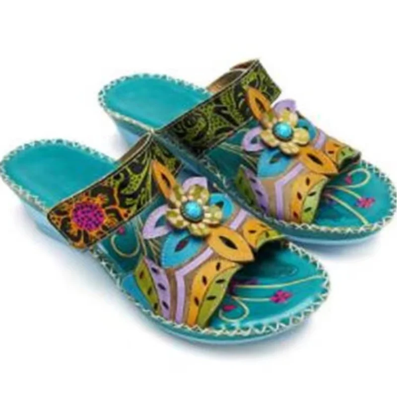 

Ladies Shoes on Sale 2023 New Vintage Printing Women Sandals Summer Casual Wedge Heel Women Slippers Zapatillas De Mujer