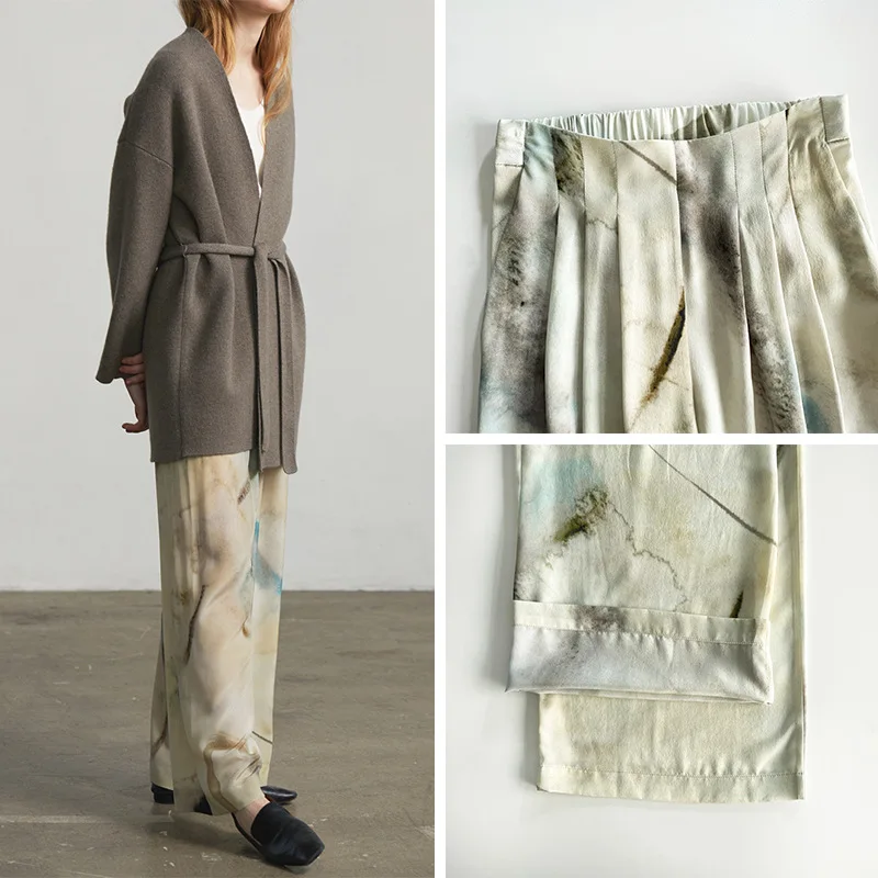 Ink and Wash Series~IAF Jade Like Ink and Wash Printed Silk Wide Leg Pants with Loose Waist Tight Silk Casual Pants