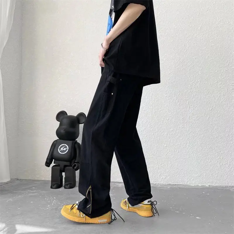 Hong Kong Style Ins Zipper Cargo Jeans High Street Retro Men's and Women's Spring Loose Straight Drooping Casual Wide-Leg Pants