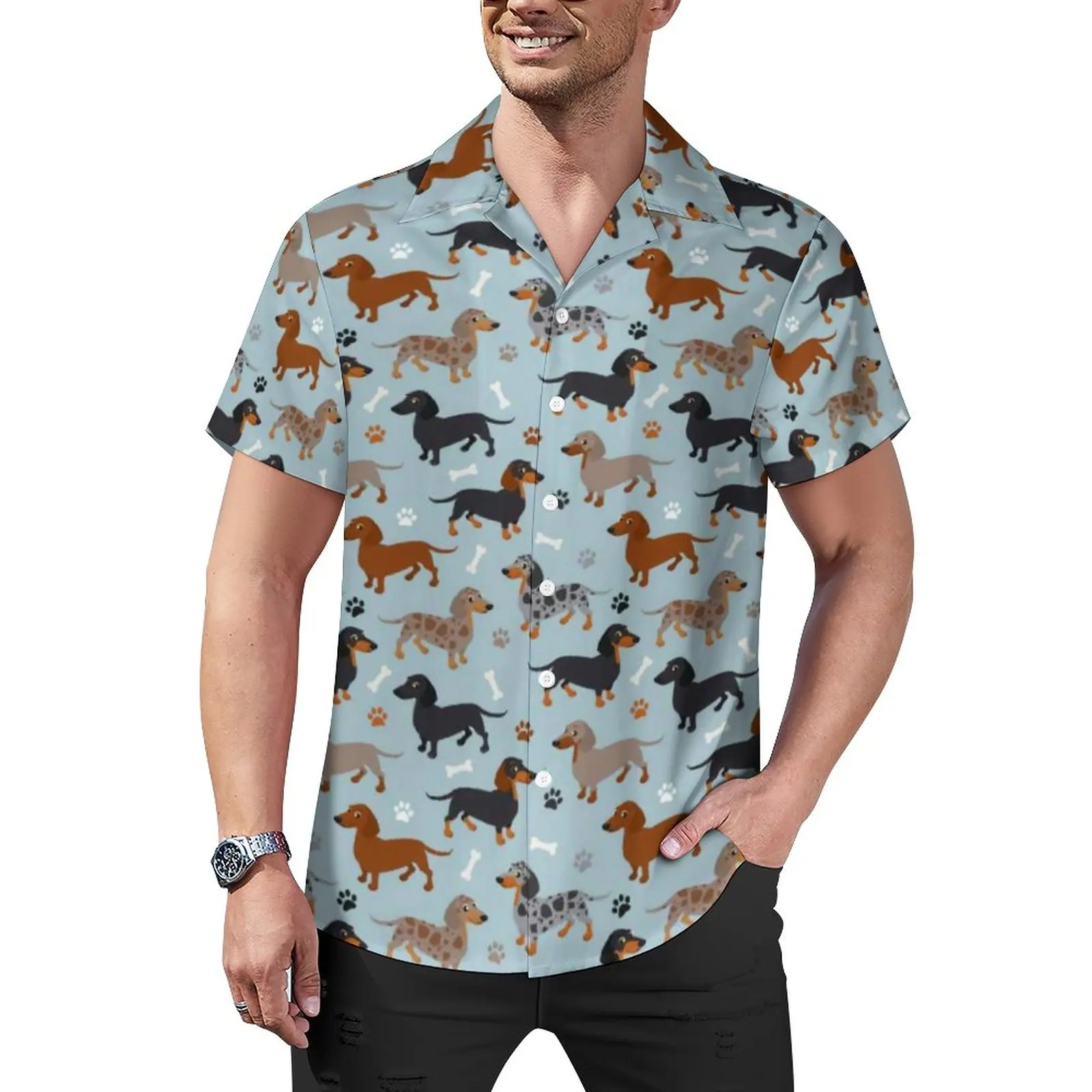 

Рубашка для отпуска с принтом собаки, повседневные Гавайские рубашки с принтом таксы и лап и костей, мужские блузки в стиле Харадзюку, топ с коротким рукавом и графическим рисунком, большой размер