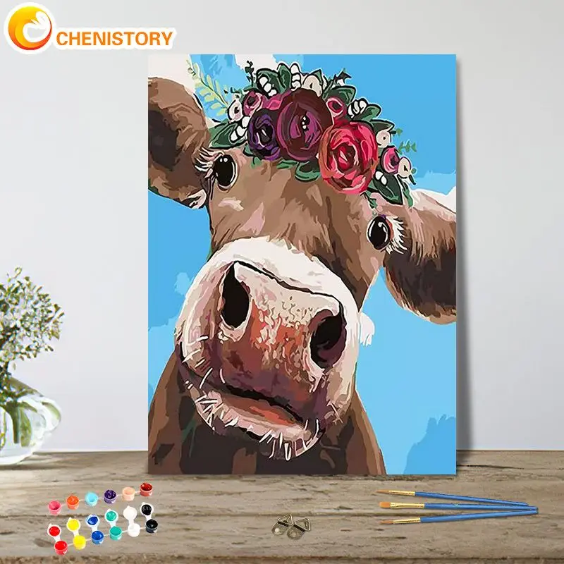 

CHENISTORY 60x75cm Frame Diy Painting By Numbers Colorful Animals Cow Oil Painting Handpainted Home Decor Gift Canvas Drawing