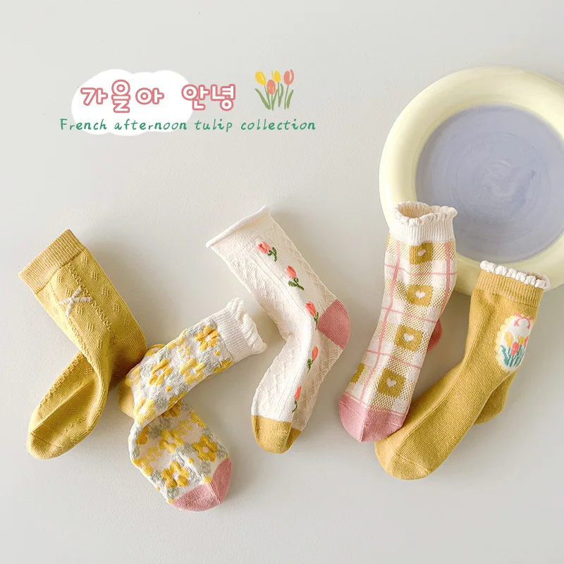 5 Pairs/Set New Children Socks Is Cute Cartoon Flower Lace Socks Of The Girls In Tube Socks