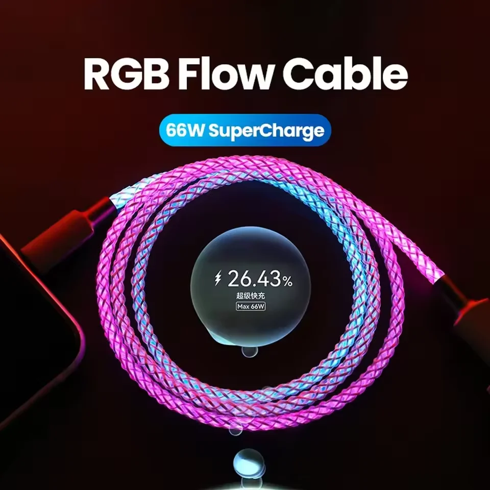 Фото Кабель для быстрой зарядки RGB USB-A на Type-C, 66 Вт, светящийся, для iPhone 16, 15, Xiaomi, Samsung, POCO, PD, USB-C, для передачи данных №4
