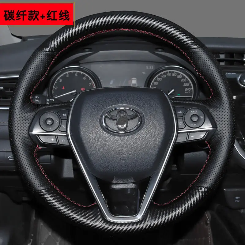 

Hand-Stitched Carbon Fiber Leather Car Steering Wheel Cover for Toyota Corolla Levin Camry Highlander RAV4 Prado Crown Avalon