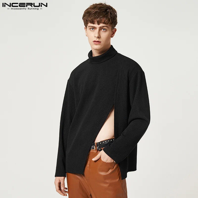 

Tops 2023 American Style New Men's Fashion O-Neck Open Fork Pullovers Casual Male Solid Color Long Sleeve Sweater S-5XL