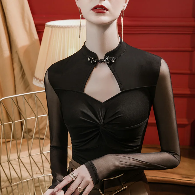 

Футболка в китайском стиле с пряжкой в стиле ретро, Женский облегающий Топ с длинным рукавом, Новинка осени 2023, ажурный топ с прострочкой Из иностранной марли.