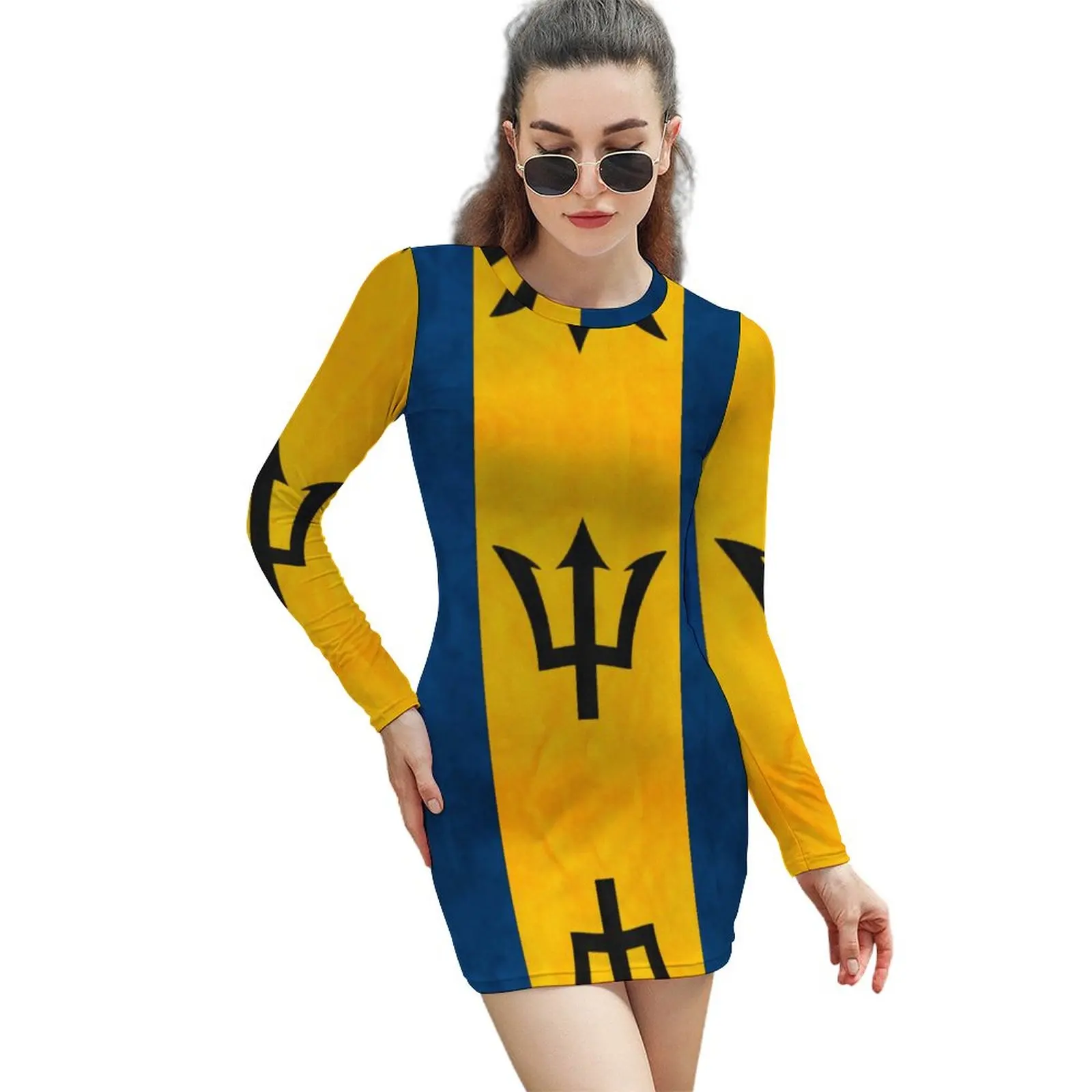 

Sexy Barbados Barbadian Flag National Flag of Barbados Long-sleeved Sheath Dress Humor Graphic Parties Woman's Gown Long Sle