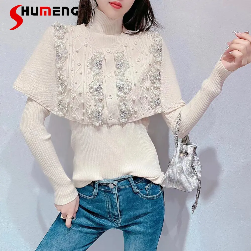 

Women's Fall Winter New Korean Style Fashion Sweet Slim Fit Sweater Ladies Fairy Beaded Rhinestone Shawl Two-Piece Knitting Top