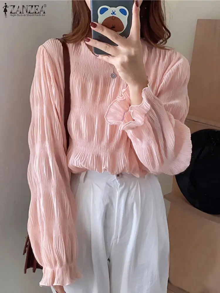 

Летняя женская плиссированная блузка оверсайз 2022, топы с длинным рукавом, туника ZANZEA, женские повседневные однотонные свободные рубашки, бл...