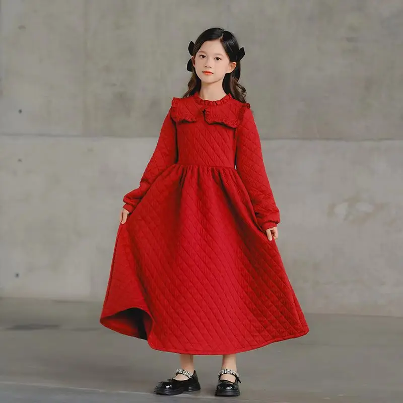 

2023 новое зимнее платье для девочек, детское утепленное длинное стильное платье, детская свободная повседневная одежда, теплая, #7166