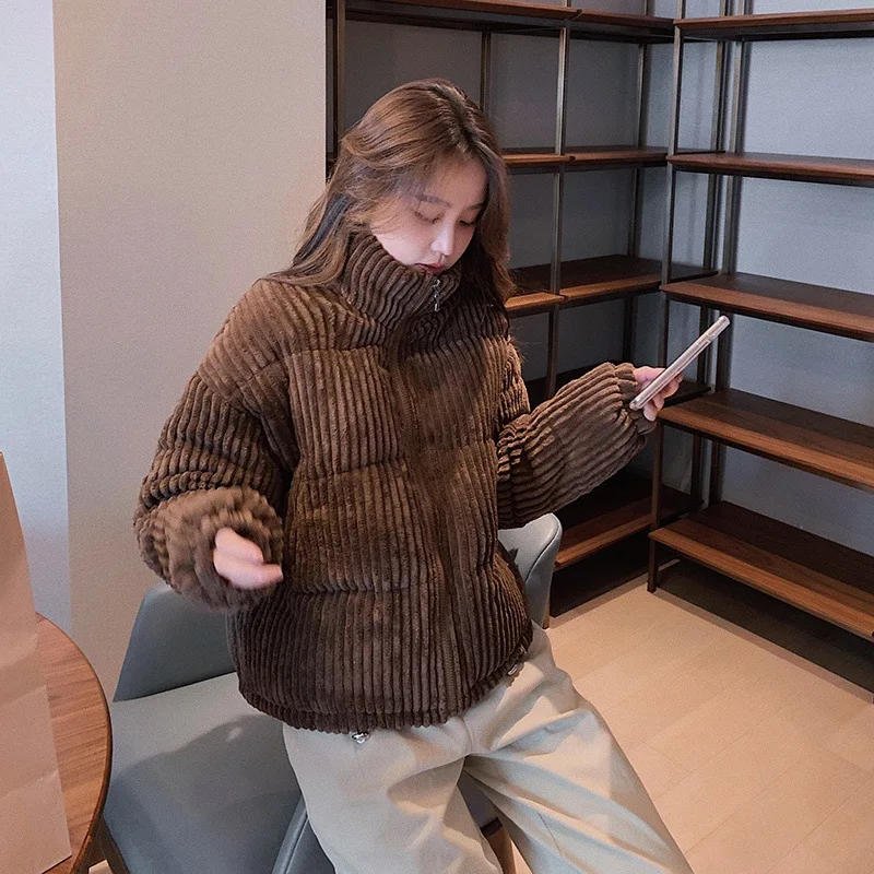 Autumn Winter Corduroy Thicken Warm Women Parka Short Bread Padded Jackets Casual Loose Stand Collar Solid Female Coat Outwear