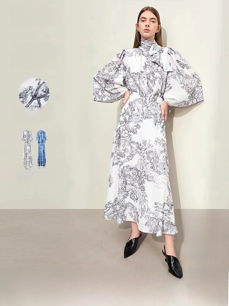  Женский модный комплект National Sle осень 2024 новый принт свободная юбка с рукавами 3/4