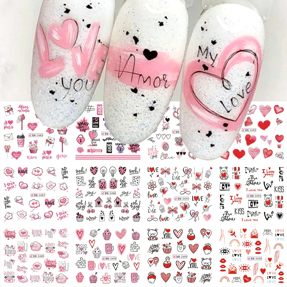 

Pink Heart Stickers Valentines Day Nail Art Love You Letters Water Decal Cake Bear Kiss Lip Sliders For Manicure LEBN2485-2496
