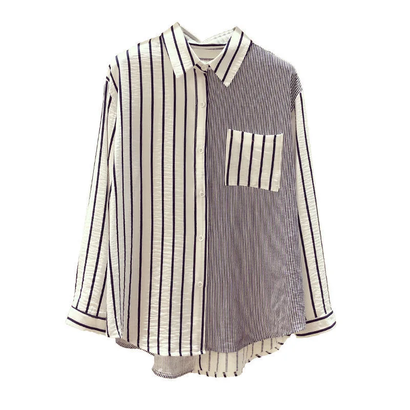 

Women's Pocket Patchwork Chiffon Striped Shirt