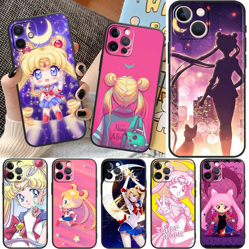 

Anime Sailor Moon For Apple iPhone11 12 13 Pro Mini X XR XS Max 7 8 Plus Black luxury Silicone Soft Thin Phone Case