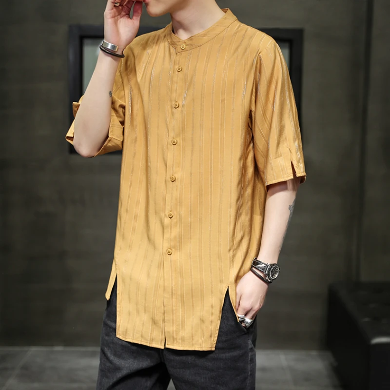 

Creative Men's Striped Loose Stand Collar Personality Short Sleeve Shirt T-Shirt Solid Color Korean Casual Fashion Clothing