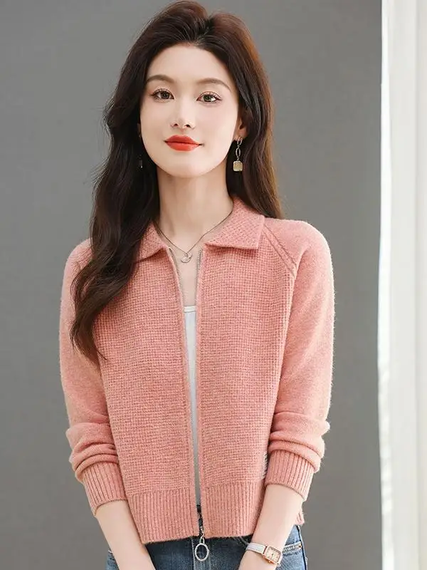 Lapel Zip-up Sweater Outerwear Women Short Autumn and Winter Small Knitted Top High Waist Casual Outdoor Fleece Cardigan