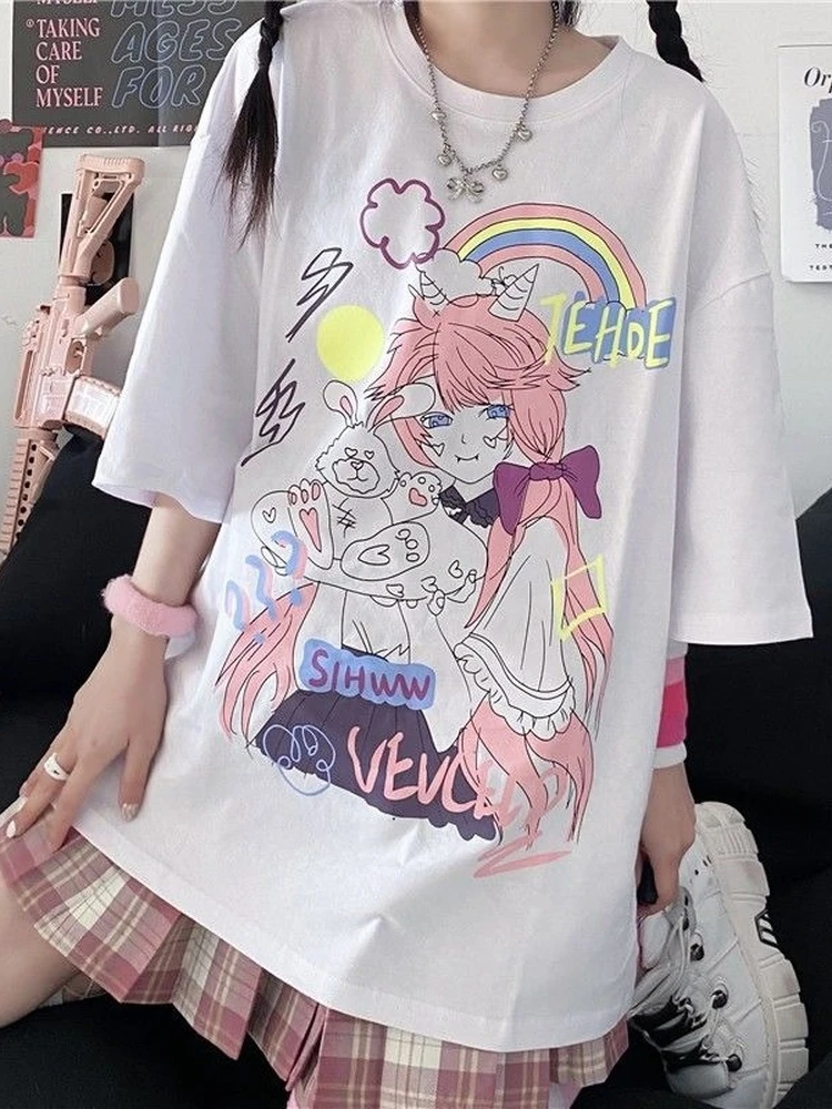 

QWEEK Harajuku Anime Graphic T Shirts Women Japanese Streetwear Manga Print Tshirt Korean Fashion Kpop Tees Tops 2022 Summer