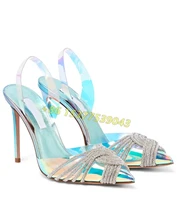 sequin pvc embellished laser gradient blue summer womens high heels sandals illusory color twisted rhinestone ribbons shoes