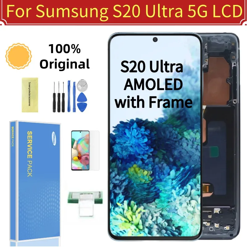 Original AMOLED LCD For Samsung Galaxy S20 ultra G988 G988F with Frame LCD Display Touch Screen Digitizer For S20u Repair Parts
