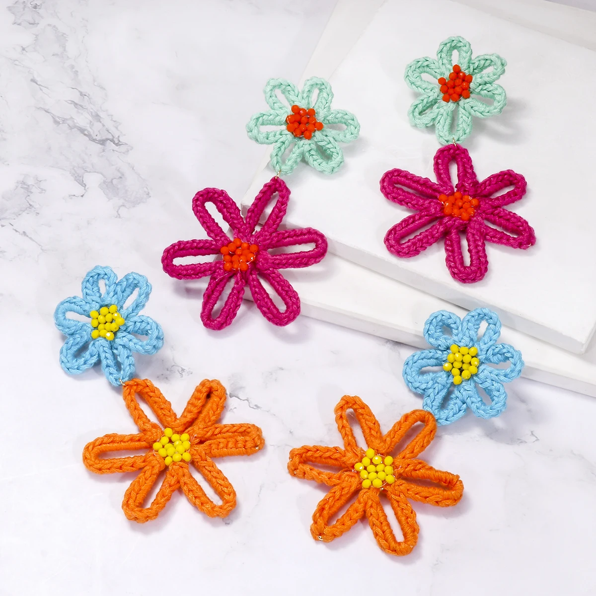 

JURAN Bohemian Colorful Cotton Rope Hand-woven Daisy Flower Drop Earrings for Women Statement Jewelry Holiday Party Accessories