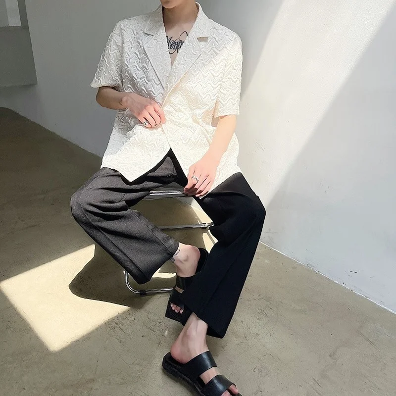 Summer Pleat Design Suit Collar Shirts Men Original Korean Loose Short Sleeve Casual Shirt Streetwear Social Party Male Clothing