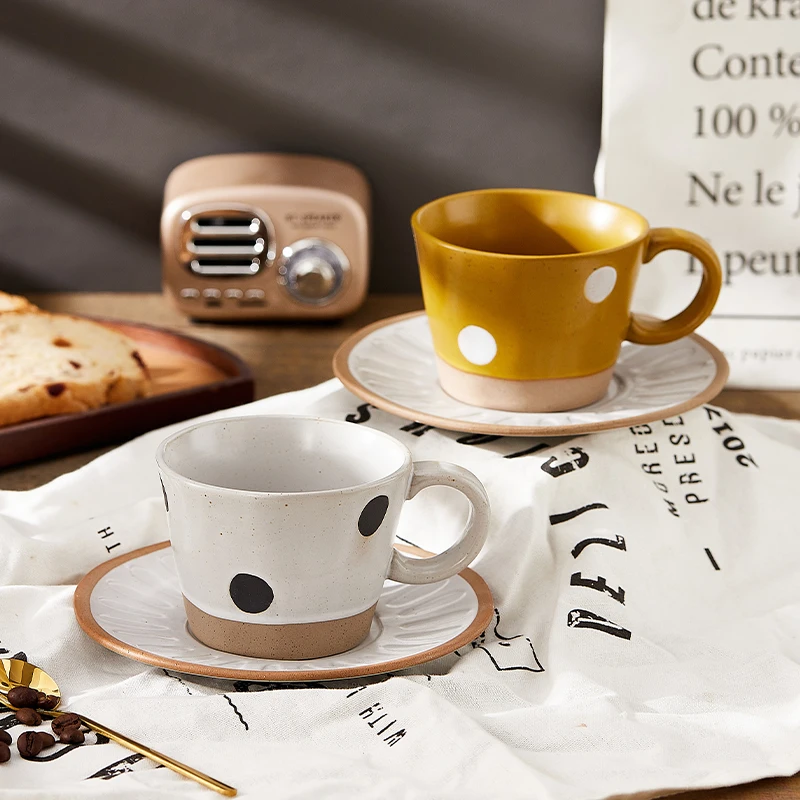 

Vintage Hand Painted Spots Cup and Saucer Japanese Potter Coffee or Tea Cup Set Kitchen Home Office Drinkware Ceramic Couple Mug