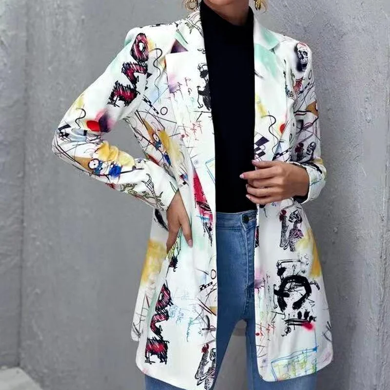 Printed Graffiti Fashion Lady Single Button Long Sleeve Suit Office Lady Loose Suit Commuter Elegant Casual Womens Blazer 2022
