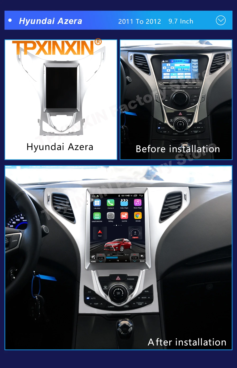 Автомагнитола с Bluetooth 8 + 256 ГГц Android 12 для Hyundai Azera 2011 2012 2013 2014 2015