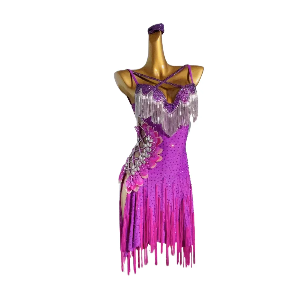 

Latin Dance Competition Women's High end Customized Children's Cross Strap Dual Color Tassel Rumba Cha Tango Black Pool Dress