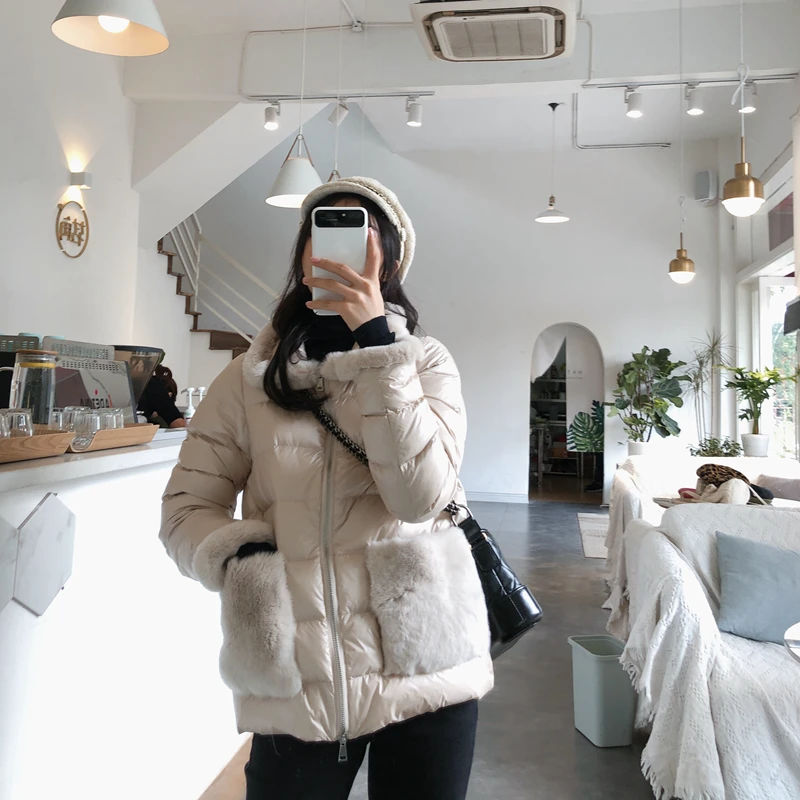 New Women Rabbit Fur Collar  Down Jacket Casual Style Autumn Winter Coats And Parkas Female Outwear