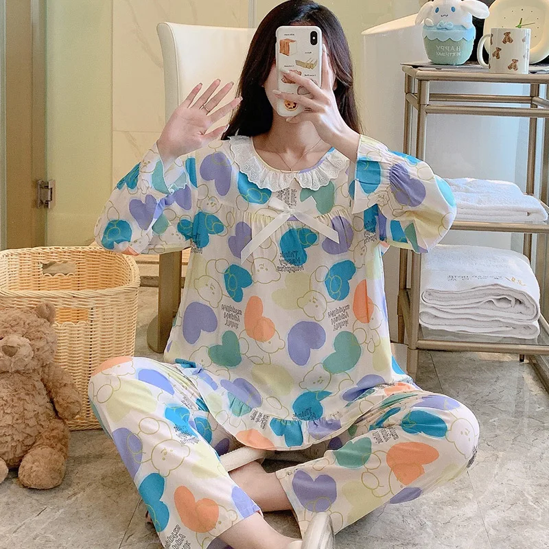 Spring  Autumn Long-sleeved Thin Cotton Silk Suit Loose Home Clothes Large Size White Lace Pullover Sleepwear