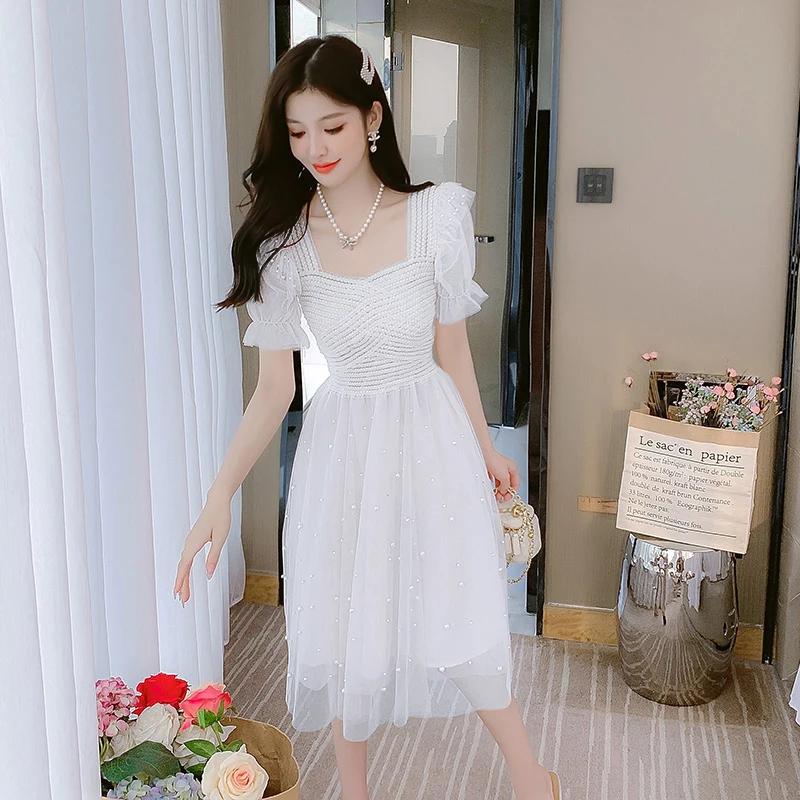 

Elegant Dresses Women 2022 New Patchwork Short Sleeve Beading Mesh Square Collar High Waist Apricot Pink Dress Dropshipping