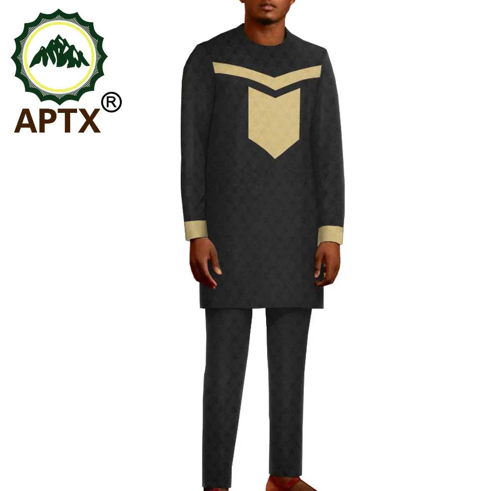 

Африканский жаккардовый материал, костюм из 2 предметов для мужчин, рубашка с длинным рукавом APTX + длинные брюки, повседневный мужской хлопк...