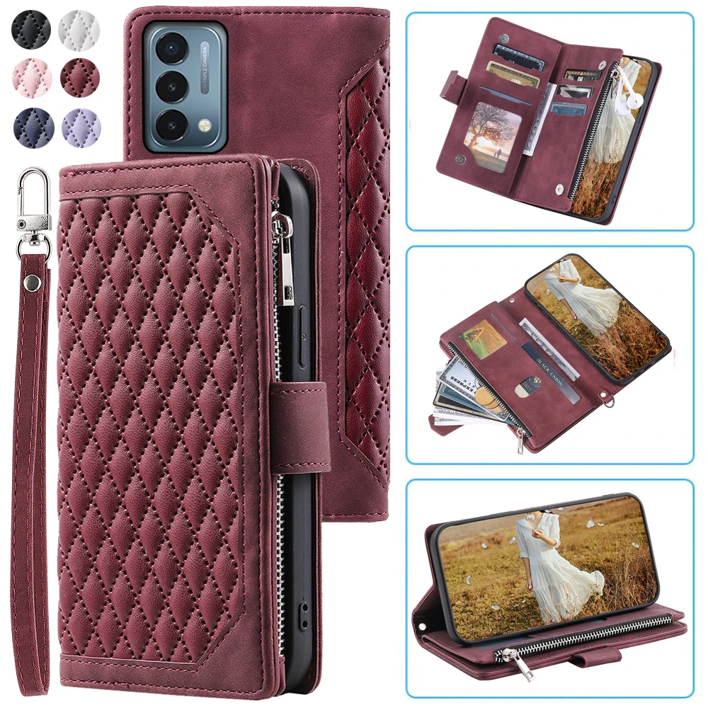 

Fashion Zipper Wallet Case For OnePlus Nord N200 Flip Cover Multi Card Slots Cover Phone Case Card Slot Folio with Wrist Strap