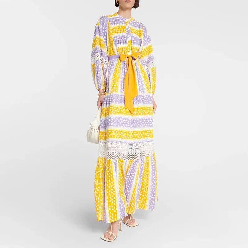 

Luxury Flower Print Women Dress Fashion Stand Collar Puff Sleeve A-Line Dresses With Belt 63013
