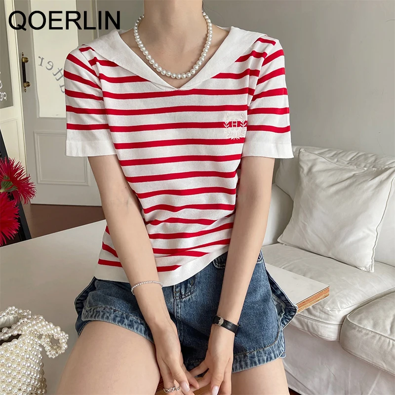 

QOERLIN V-neck Buttons Cardigan Short Sleeve Short T-Shirt Women Crop Top Slim Stretch Tee Shirts Elegant Pink T-Shirt