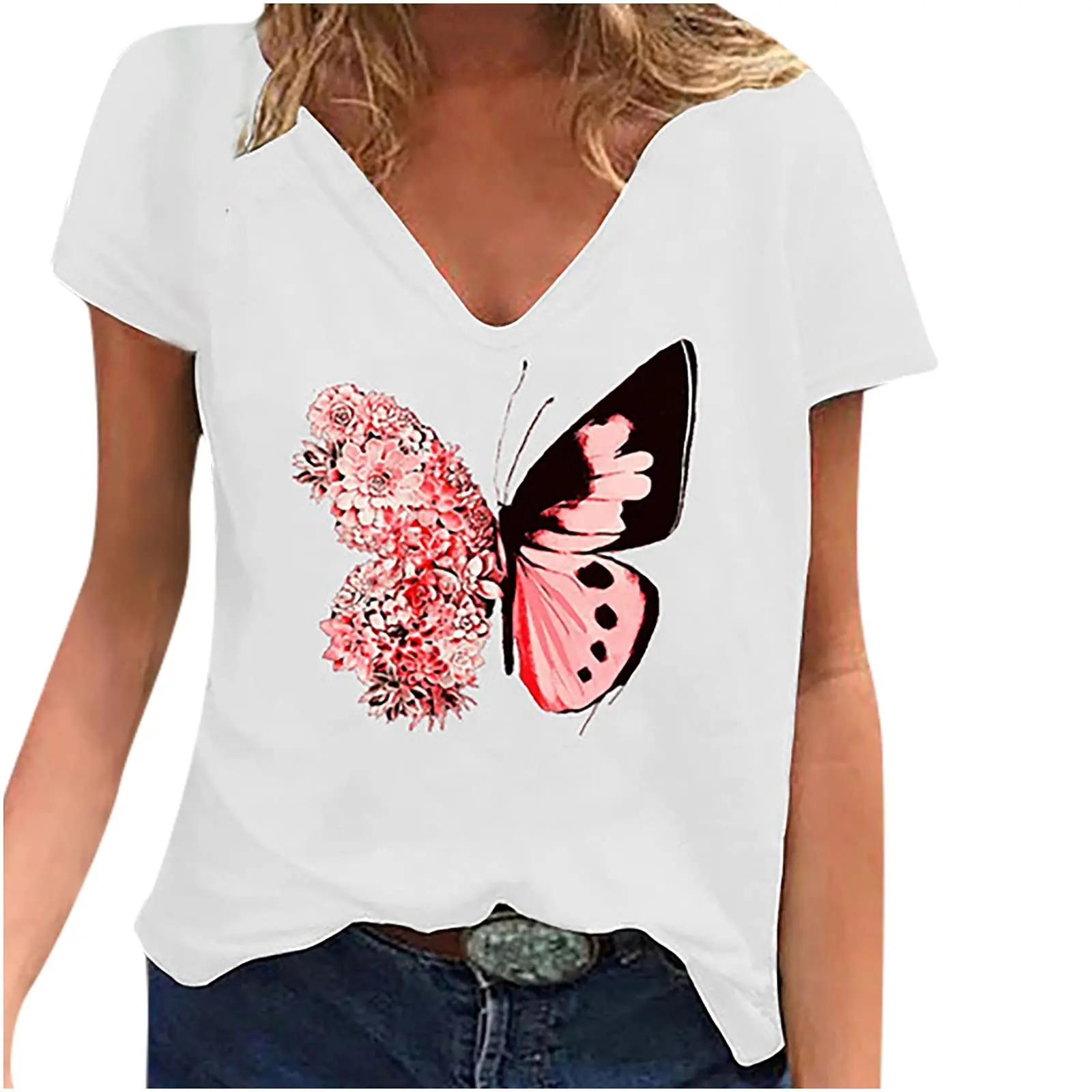 

Женская футболка с коротким рукавом и V-образным вырезом, однотонная