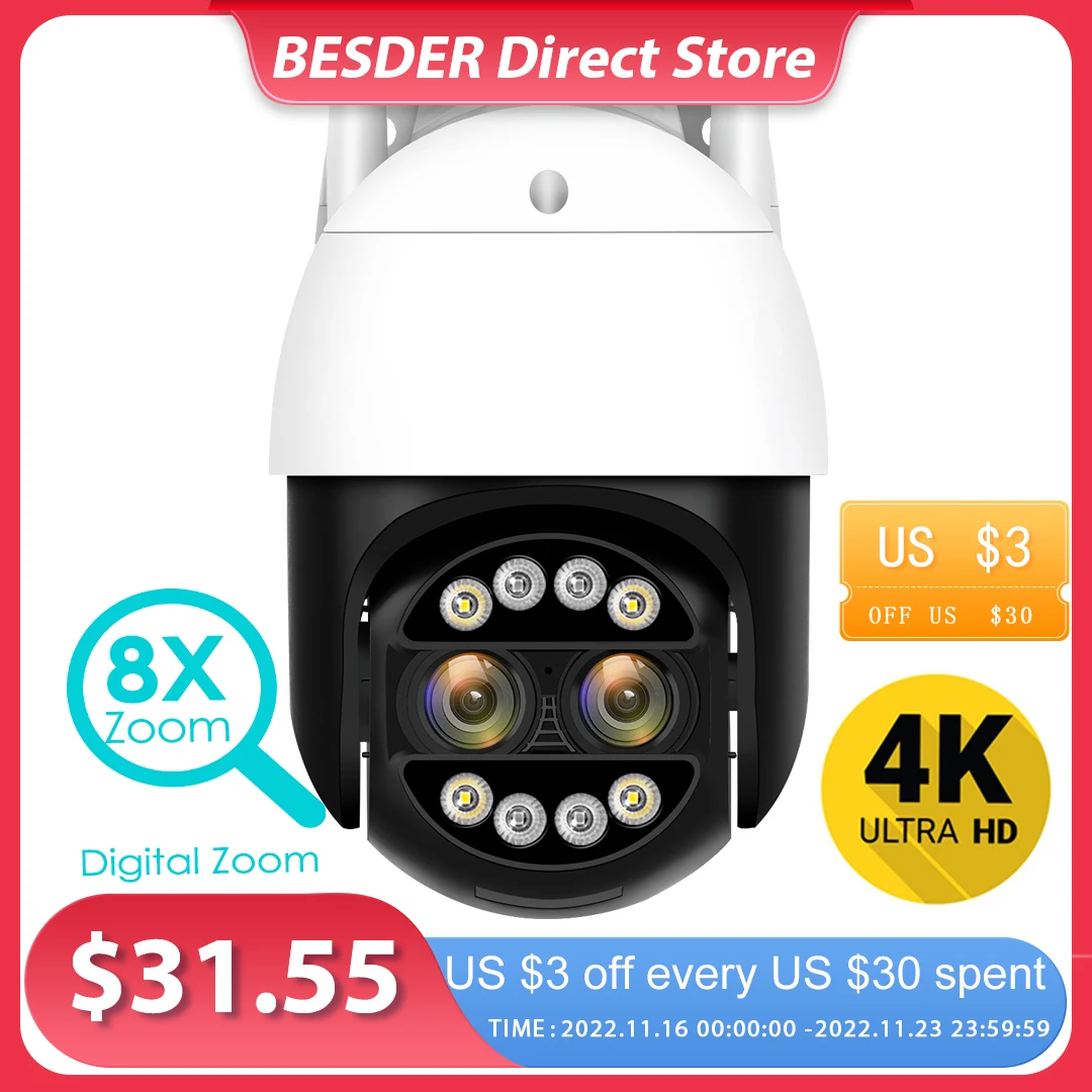 BESDER 8MP 4K 8x Hybrid Zoom 2.8 + 12mm Dual Lens PTZ IP Camera WiFi Human Detection 4MP Audio Security videocamera di sorveglianza