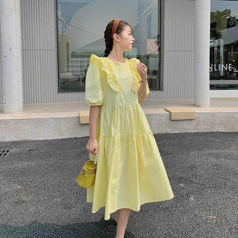 

4XL Large Size Women Elegant Casual Ruffle France Summer Dresses 2023 Short Sleeve O Neck Solid Loose Long Dress Female Vestido