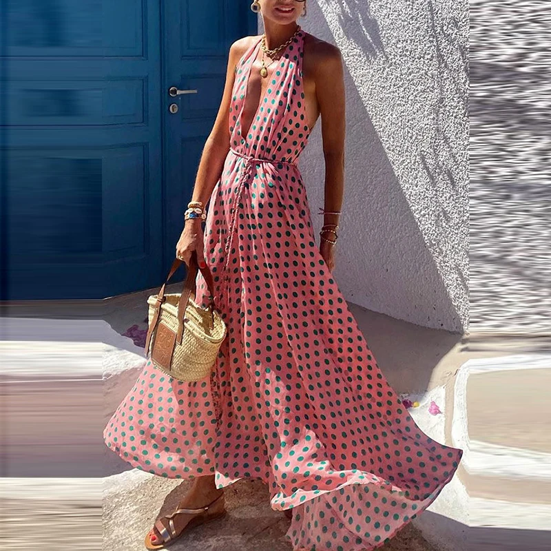 

Женское летнее длинное платье в горошек, с глубоким V-образным вырезом и лямкой на шее