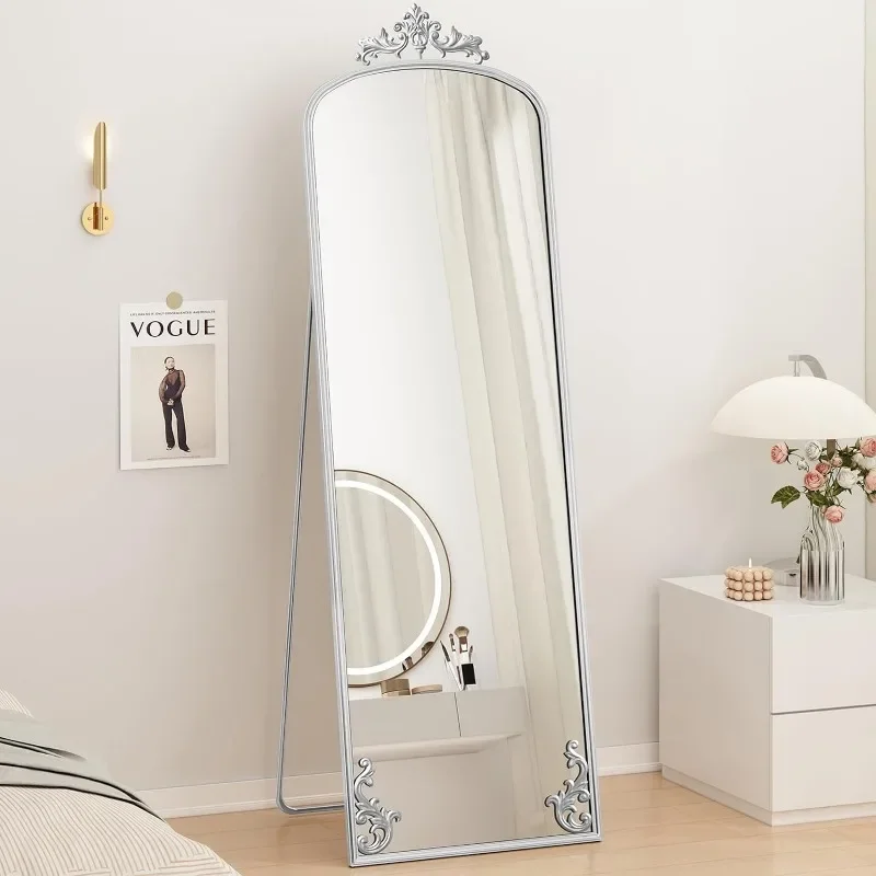 Изогнутое полноразмерное зеркало с подставкой черное в пол 65 х21 дюйма резной