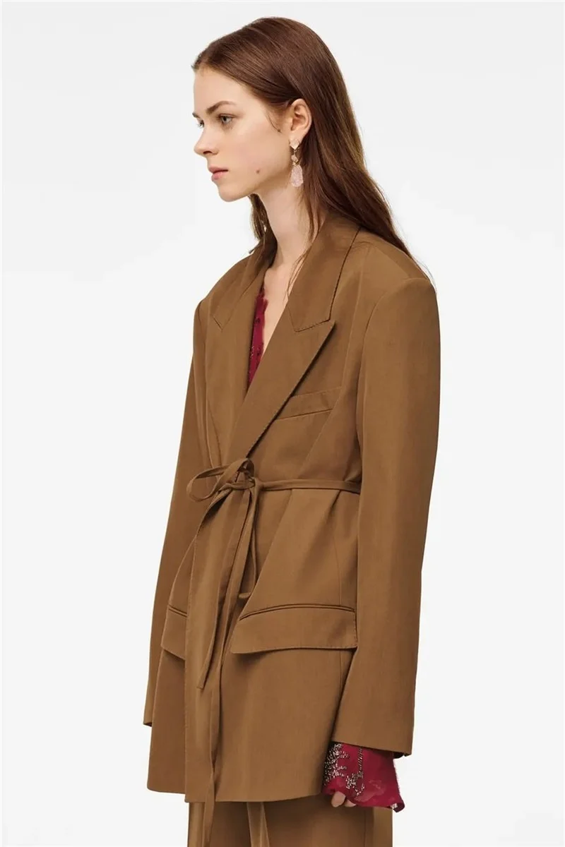 Simple High Waist Office Blazer Suit with Bandage Women Solid Colors Lace Up Loose Casual Blazer 2021 Autumn Spring New Fashion